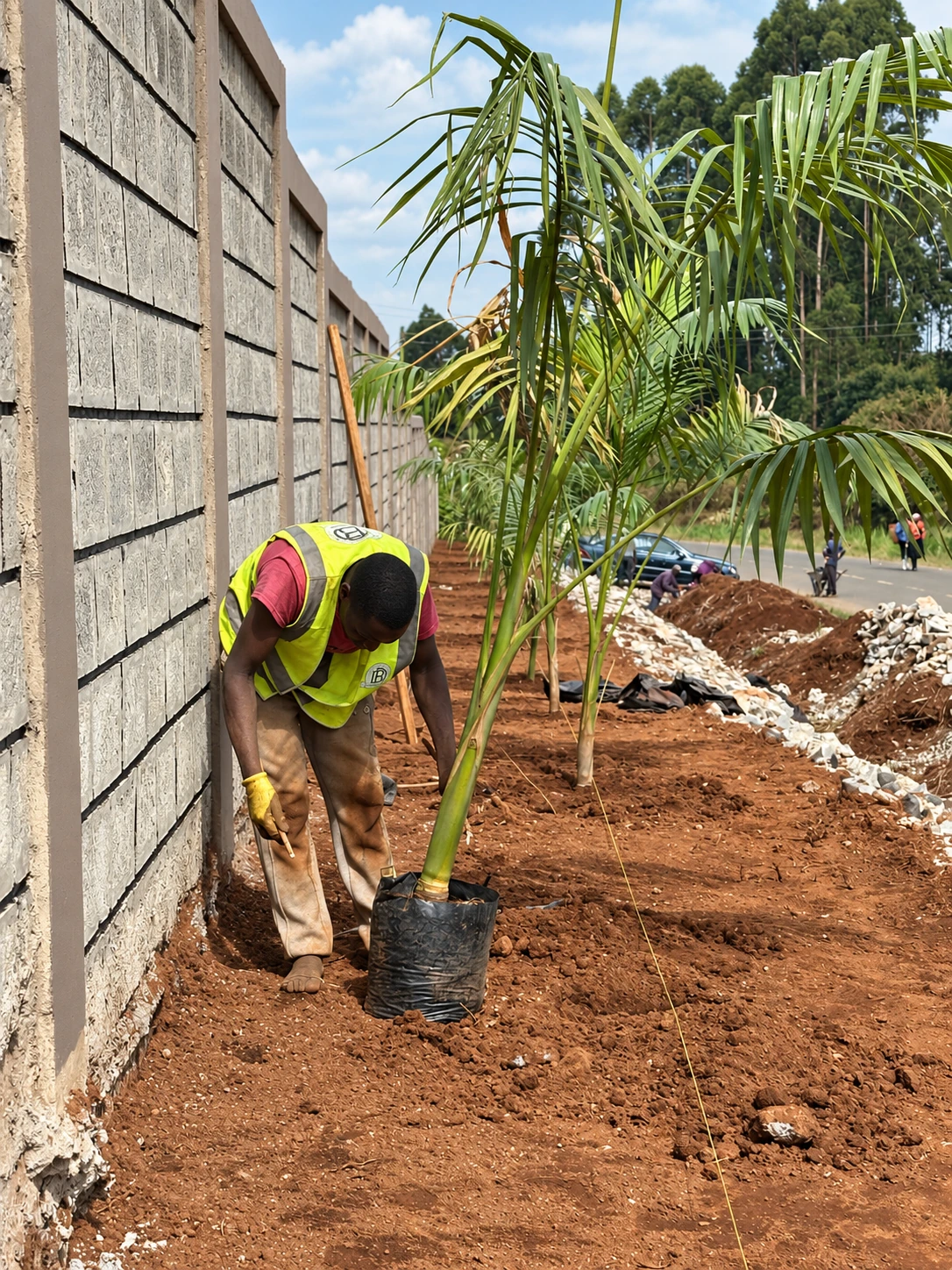 Branded team member moving planting stock along the palm corridor.
