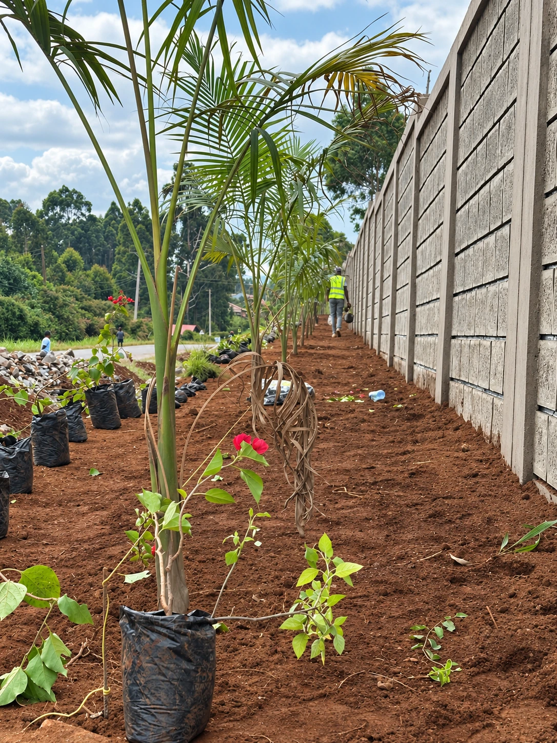 Team members among the planted palms with nursery stock awaiting placement.