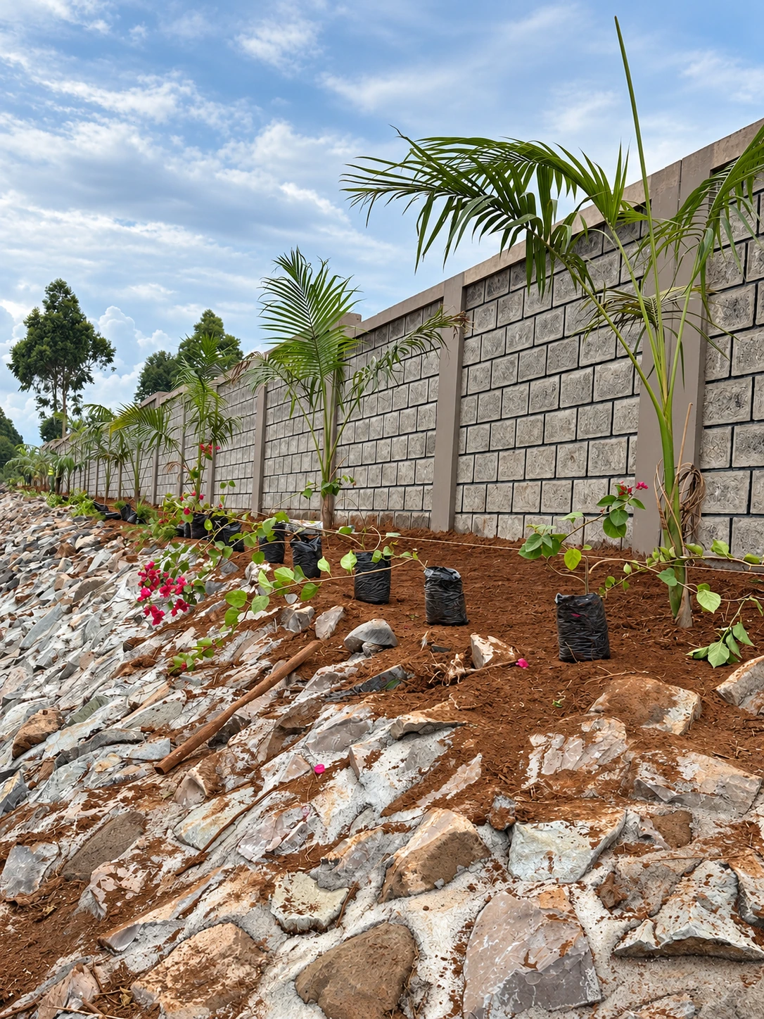 Roadside view of the palm planting line and embankment beside the open drainage corridor.